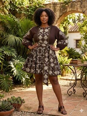 NWT Sue Sartor Jewel Neck Flounce Mini Dress Chocolate Brown Ivory XL pockets